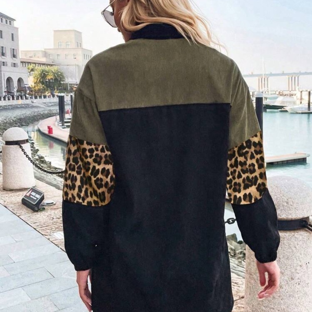 Stylish Black and Leopard Print Women's Jacket